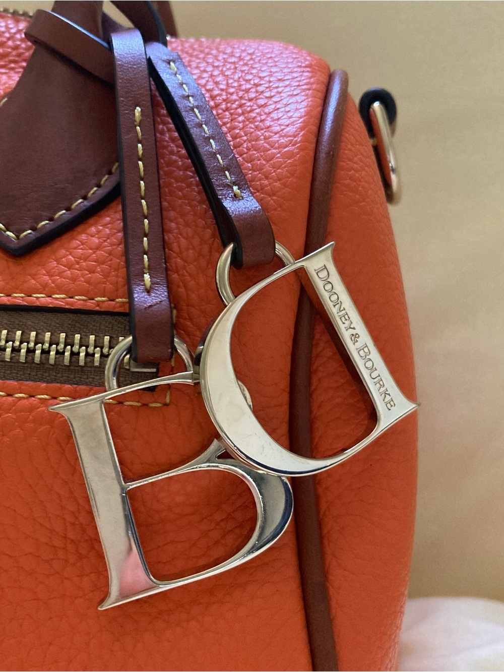 Dooney and Burke barrel Orange Leather Top-Handle Satchel with Brown Accents - Picture 3 of 13